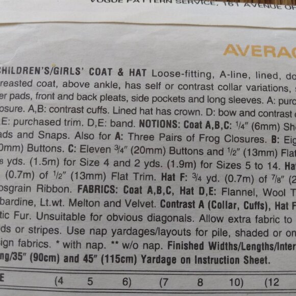 Vogue 8864 Sewing Pattern Girls Size 4-6 Long Coat and Tam Hat - Picture 11 of 16